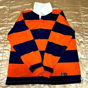 IZOD JEANS VINTAGE RETRO VARSITY Unisex Long-Sleeve Polo Blue and Orange LARGE‼️